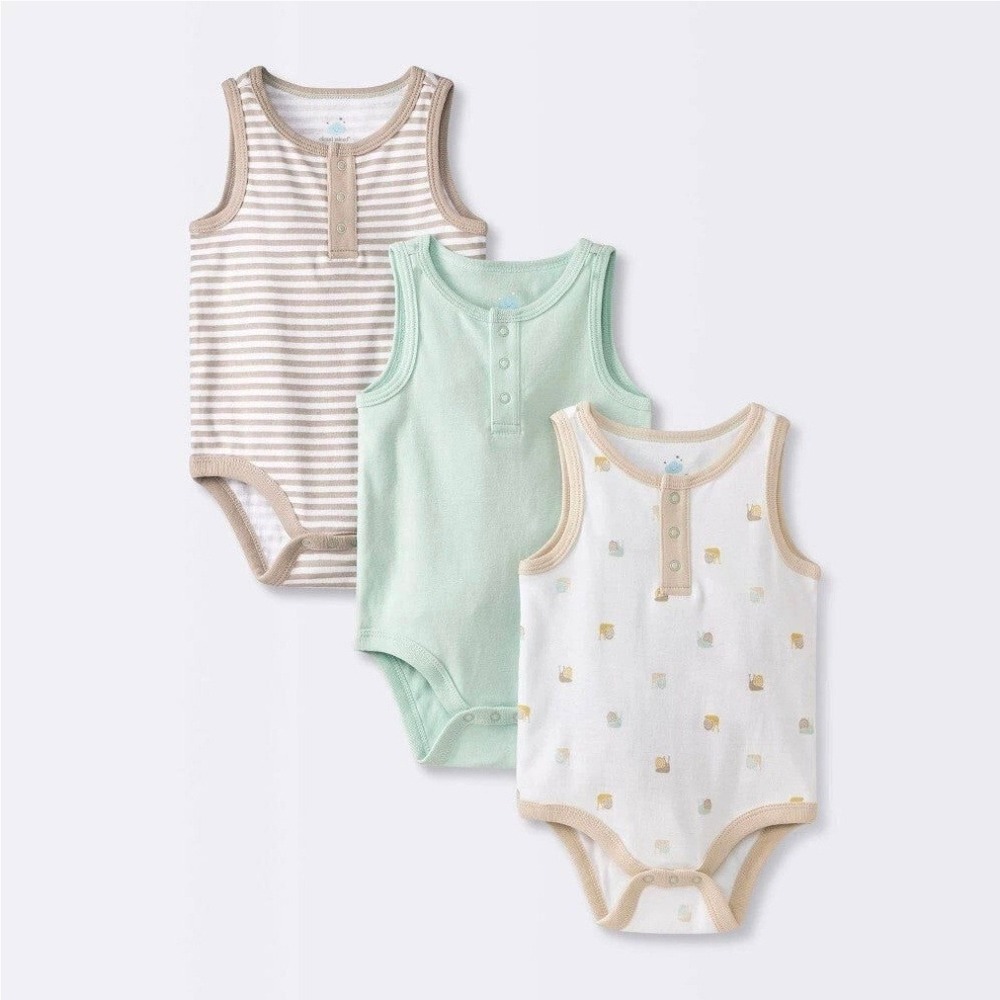 Cloud Island Baby 3Pk‎ Sleeveless Bodysuits 12M Mint Tan Stripe Snail Print NWT